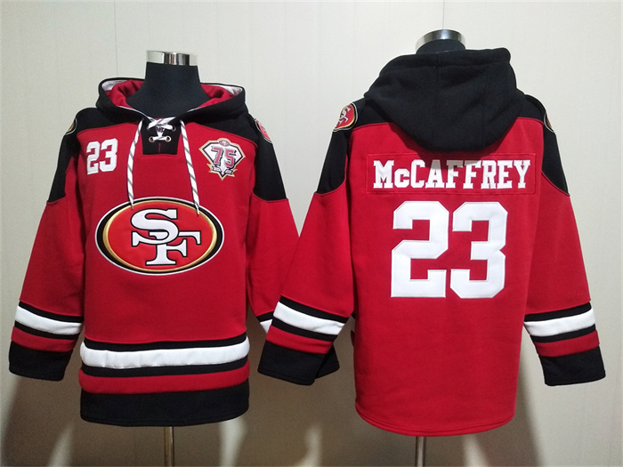 Men's San Francisco 49ers #23 Christian McCaffrey Red With 75th Anniverseray Patch Ageless Must-Have Lace-Up Pullover